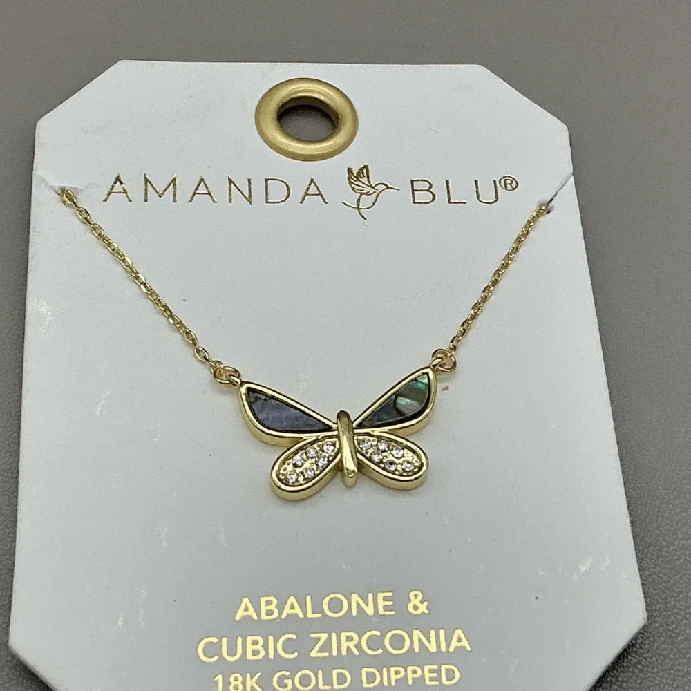 Amanda Blu Necklace Gold Tone Abalone Cubic Zirconia Butterfly‎ Pendant 18